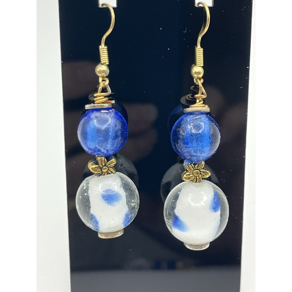 Vintage Blue & White Glass Round Orb Dangle Earrings 2 1/4 “ Long - Picture 9 of 9